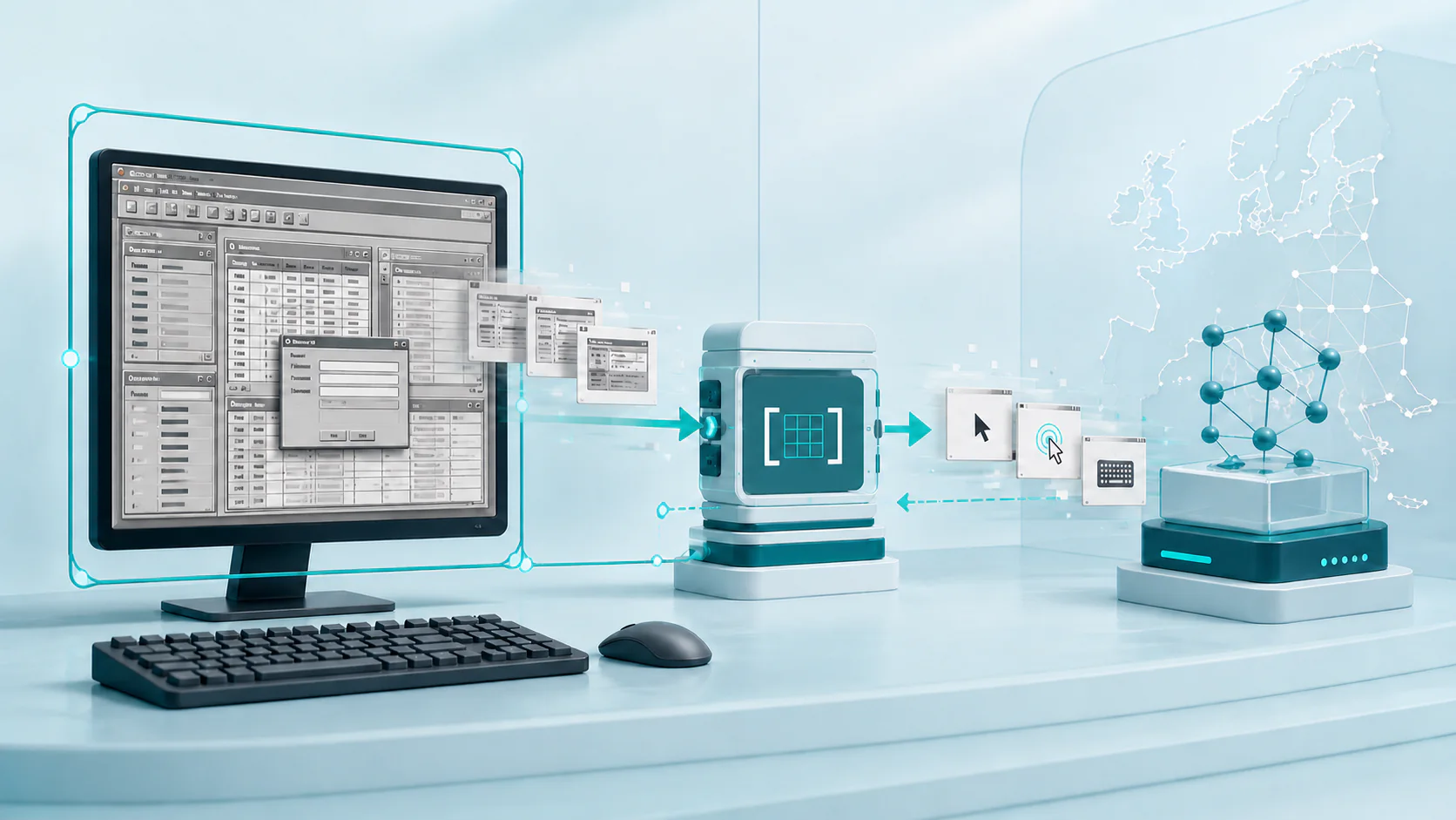 A legacy desktop application connected to a local safety harness and a European processing boundary